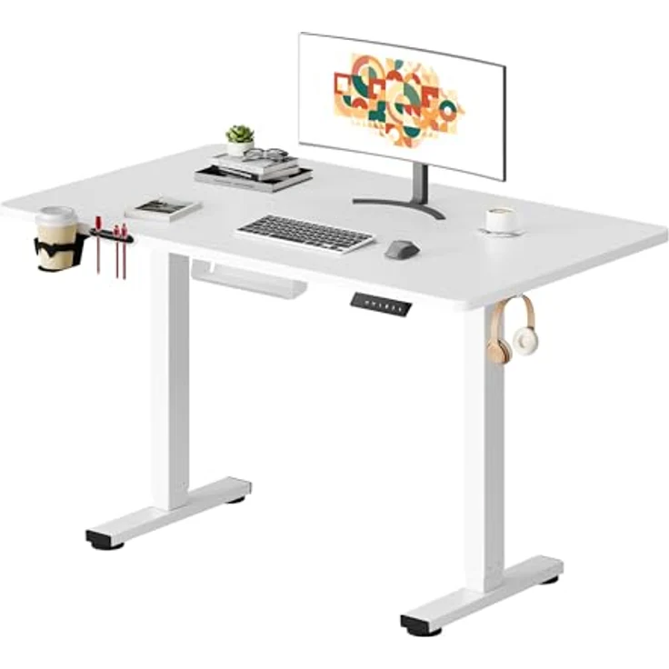 SANODESK Höhenverstellbarer Schreibtisch mit VOLLSTÄNDIGER TISCHPLATTE, 4 Zubehörteilen (Becherhalter, Haken, Aufbewahrungsbox, Kabelmanagement), ergonomisch für Büro und Homeoffice, Weiß, 110x54 cm – Bild 2