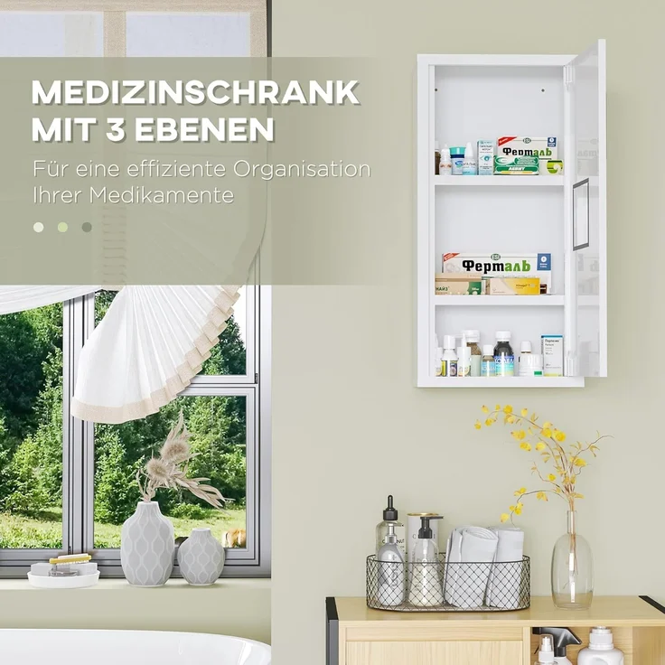 Kleankin Medizinschrank Apothekerschrank, Arzneischrank mit 3 Innenfächern (Medikamentenschrank, 1-St, Erste Hilfe Schrank) Stahl, Weiß, 30 x 12 x 60 cm – Bild 4