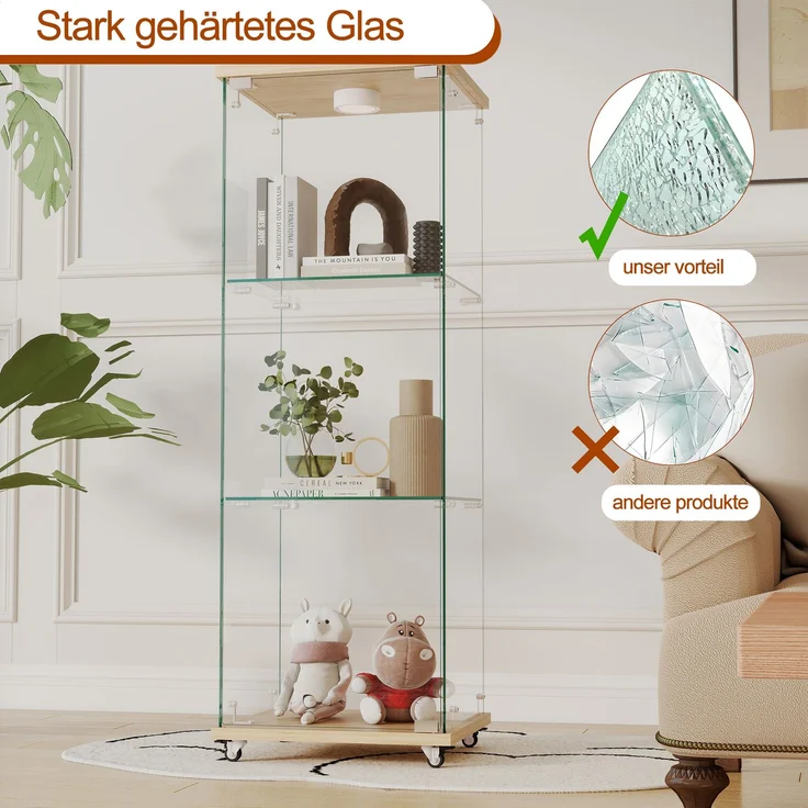 Moderne Glasvitrine mit LED-Beleuchtung,Vitrine,Bücherregal aus gehärtetem Glas,Geeignet für Wohn- und Schlafzimmer, eintüriges dreistufiges Design, Naturholzoptik-H120/B42.5/T36.5 cm--Natürlich--42.5x36.5x120cm--YOUDENOVA – Bild 9