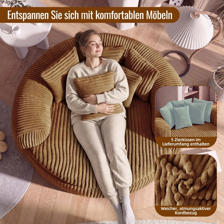 Abrihome Sitzsack mit Armlehnen und Rückenkissen, Camel, 145x133x59 cm – Bild 7