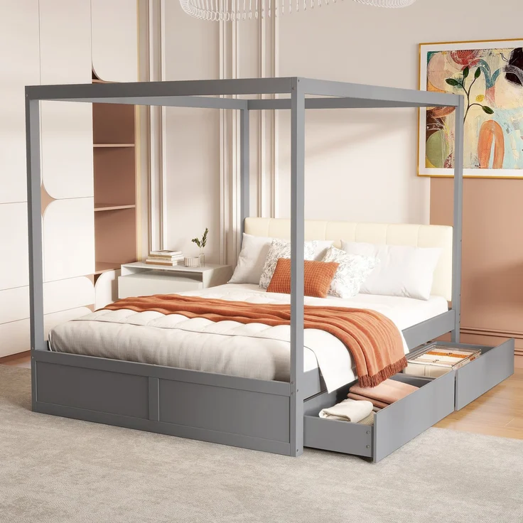 Himmelbett140*200 cm mit großen Schubladen und weicher Rückenlehne, Holz bett Grau – Bild 1