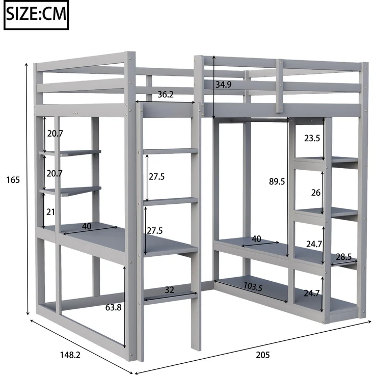 Graues Hochbett Mit Arbeitsplatz Und Kleiderschrank 140x200 Massivkiefer 120kg Tragkraft Jugendzimmer Studentenwohnung – Bild 5