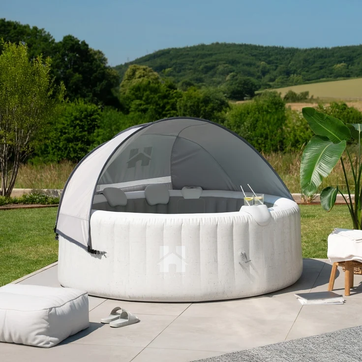 HOME DELUXE Outdoor-Whirlpool 'Splash', Ø 208 cm, für 6 Personen, inkl. Kissen, Getränkehalter & Sonnendach, Beton-Optik – Bild 1