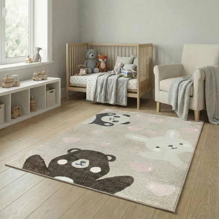 Jimri Teppich Kinderzimmer - Teppiche für Kinderzimmer, Kinderteppich, Kinderteppich Mädchen, Bär, Hase, Panda, Herz, (Beige, Größe: 160x230 cm) – Bild 5