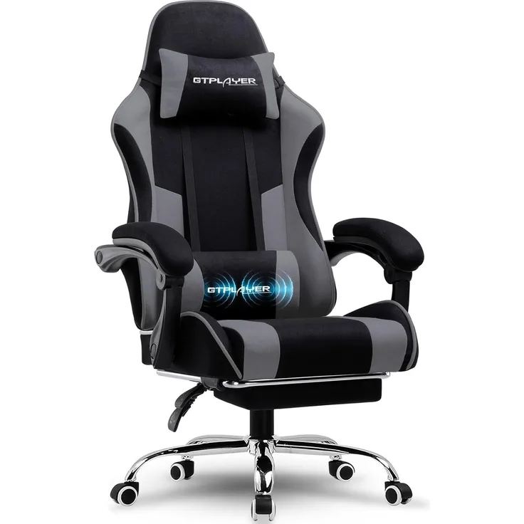 GTPLAYER Gaming Stuhl, Bürostuhl, Ergonomischer Pc Stuhl, Gaming Sessel mit Massagelendenwirbelstütze, Task Stühle mit Fußstütze und Kopfstütze, Grau Stoff