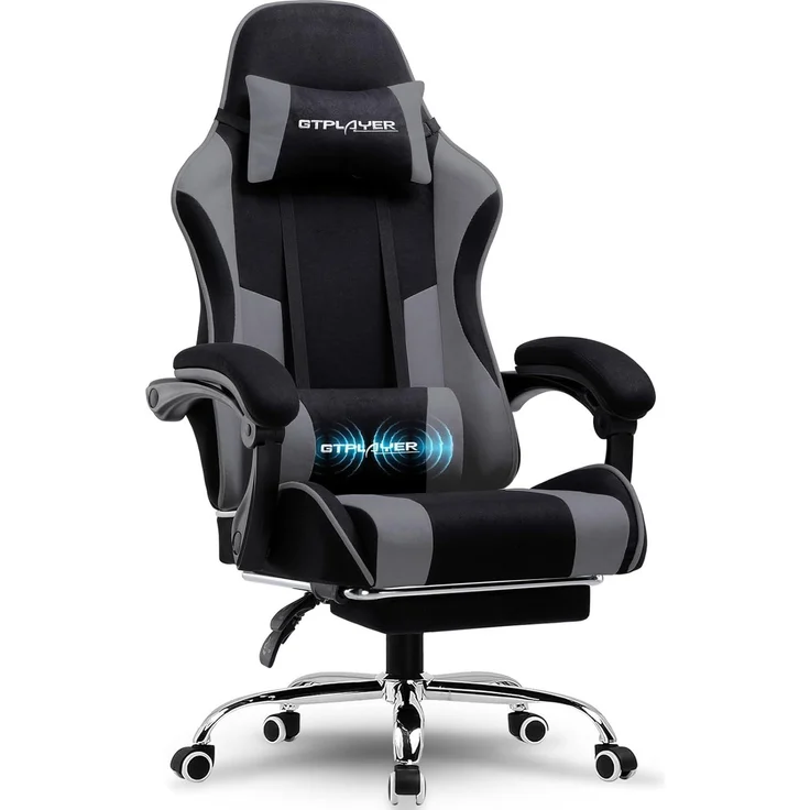 GTPLAYER Gaming Stuhl, Bürostuhl, Ergonomischer Pc Stuhl, Gaming Sessel mit Massagelendenwirbelstütze, Task Stühle mit Fußstütze und Kopfstütze, Grau Stoff