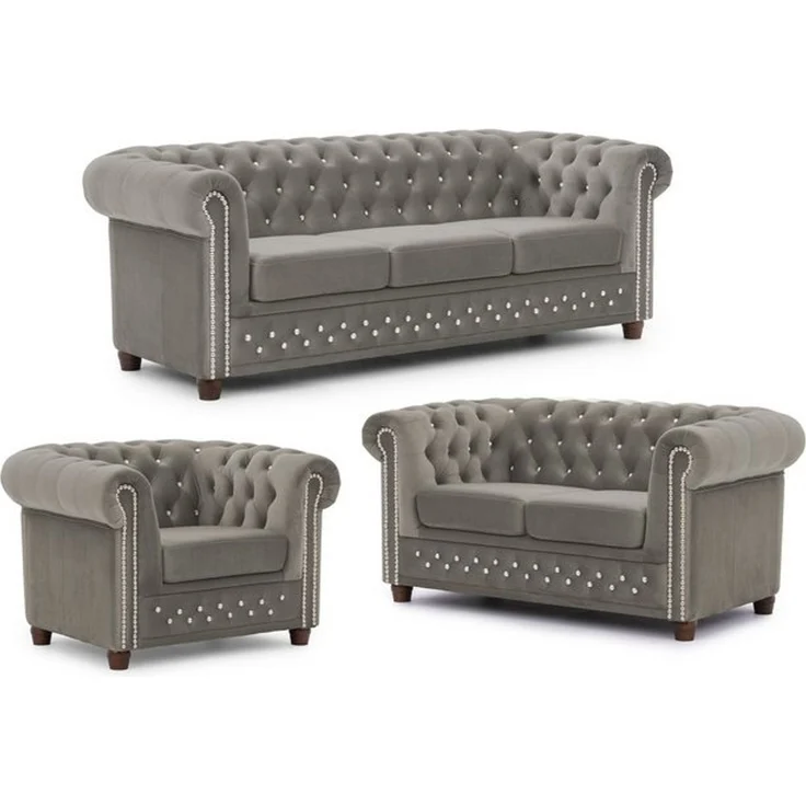 S-Style Möbel Polstergarnitur Chesterfield 3+2+1 Cleo Blink aus Samt mit Kristallsteppung, (1x 3-Sitzer-Sofa, 1x 2-Sitzer-Sofa, 1x Sessel), mit Wellenfederung – Bild 4
