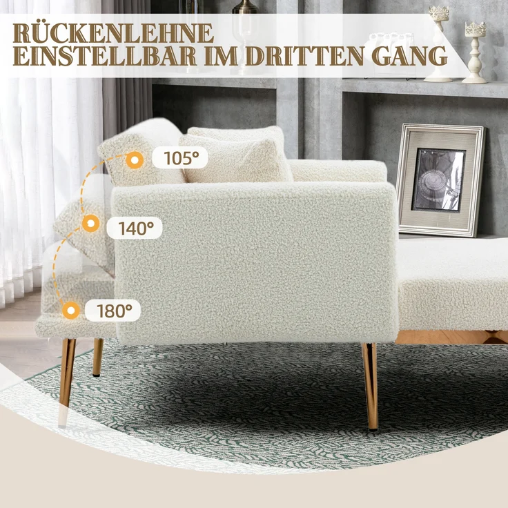 LVHOM Klappsofa mit Schlaffunktion, Schlafsofa Samtbezug mit goldenen Metallbeine, Klappbett Bettsofa Bettcouch, Chaiselounge, Weiß – Bild 3
