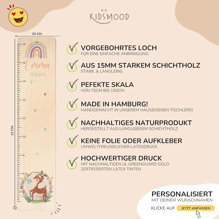 KIDSMOOD - Messlatte für Kinderzimmer Personalisiert, 70-140 cm - Messlatte Kinder Holz personalisiert Mit Namen für Baby- & Kleinkinderzimmer - Individuelles Geschenk für Kinder und Babys zum Geburt – Bild 2