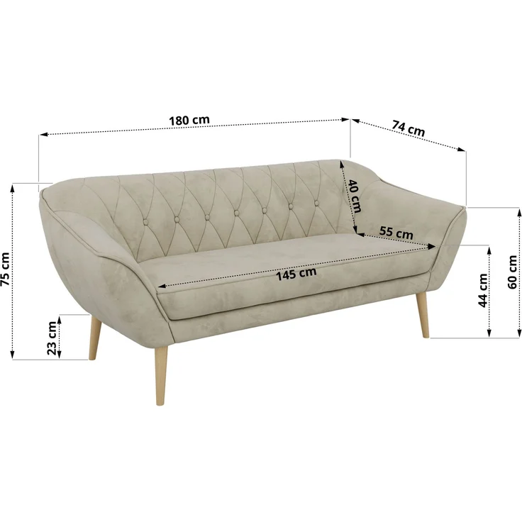Sofa, Wohnzimmersofa PIRS 3, Skandinavisches Sofa 3-Sitzer, Sofa mit Wellenfederung, Buche Füße, Breite 180 cm Hoher Sitzkomfort - Beige Velvet – Bild 5