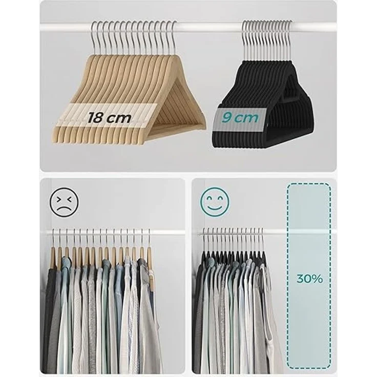 SONGMICS Kleiderbügel Samt, 20er Set, Bügel, rutschfest, kleine Stange für Krawatten, 360° drehbarer Haken, 0,6 cm dick, platzsparend, 43,5 cm lang, für Mäntel, Hosen, Silber-Schwarz CRF20B – Bild 4