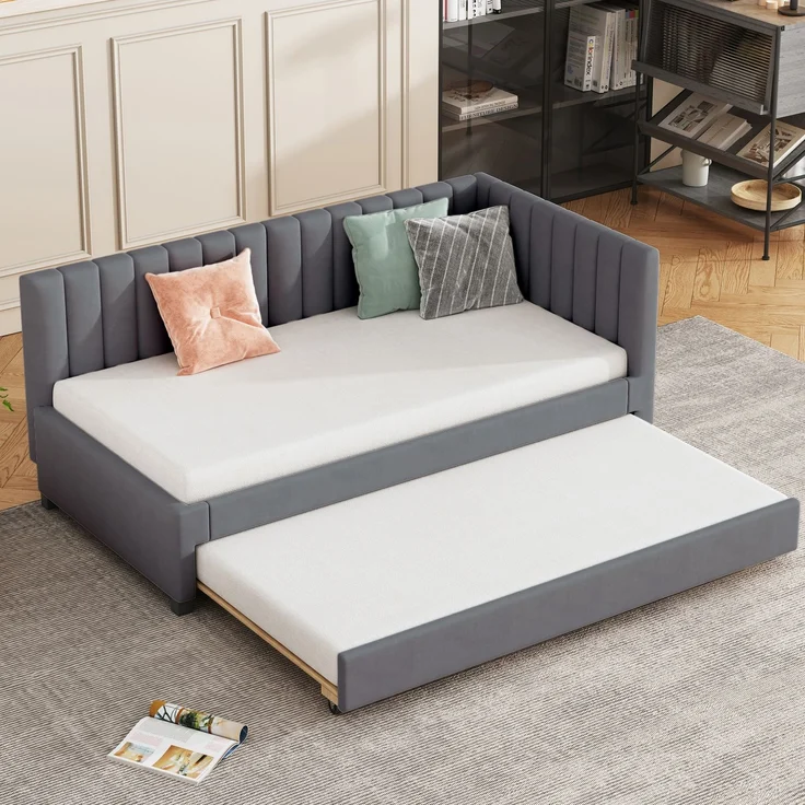 Polsterbett 90*200, Ausziehbares Schlafsofa, Multifunktionsbett mit Lattenrost, Jugendbetten Kinderbetten Gästebetten, Samtstoff Grau – Bild 9