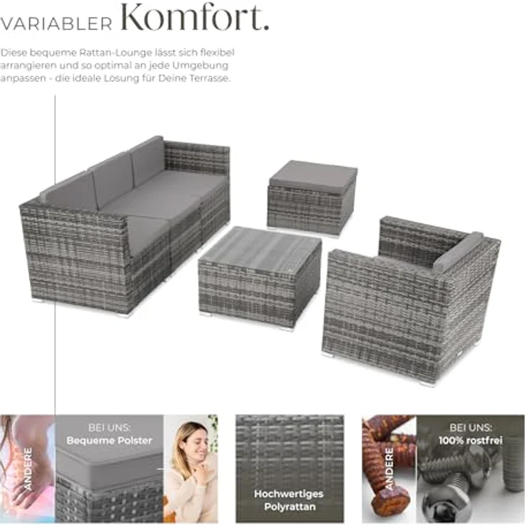 tectake® Poly Rattan Lounge, Outdoor Gartenmöbel Set mit Sofa, Sessel, Hocker und Tisch, variabel kombinierbar, Möbel wetterfest für 4-5 Personen, Balkonmöbel, Gartenlounge, Terrassenmöbel - grau – Bild 4