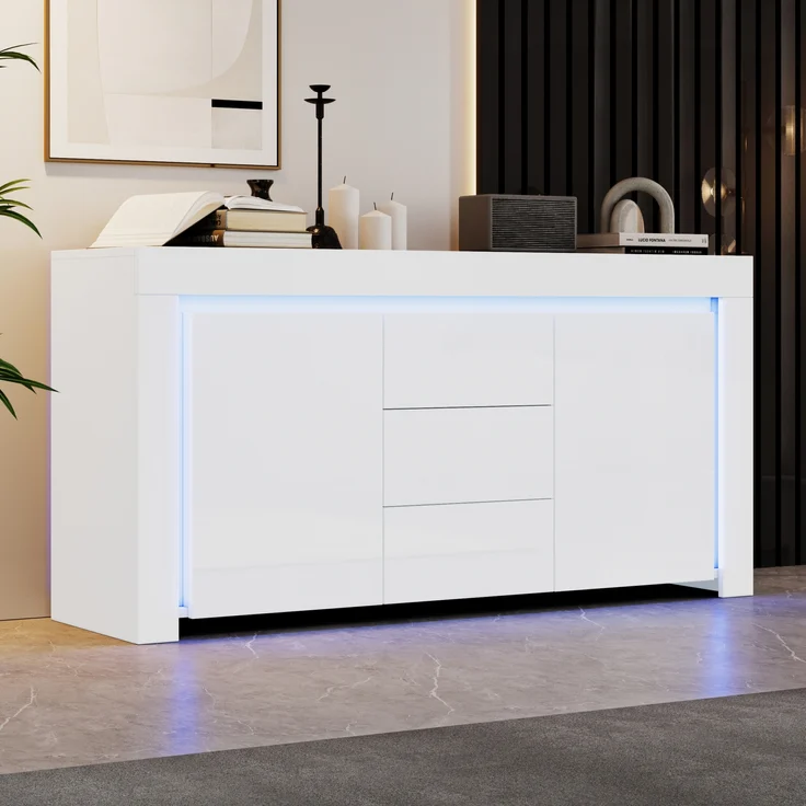 Merax Wohnzimmerschrank, Kommode mit 3 Schubladen, 2 Türen, Hochglanz Beistellschrank mit LED-Lichtleiste, Sideboard mit Stauraum, Weiß – Bild 2