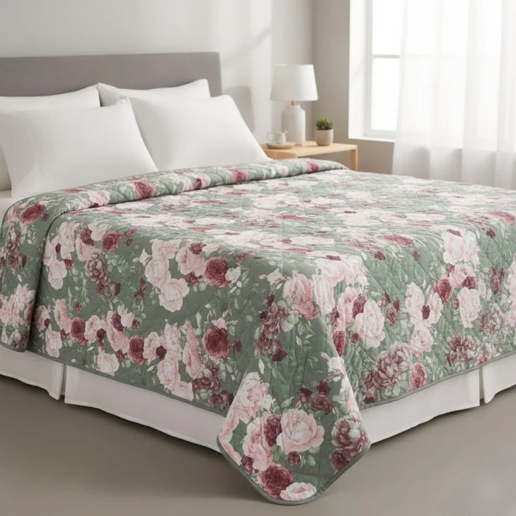 Tagesdecke 220 x 240 cm - Bett- & Sofaüberwurf mit Steppung, pflegeleicht & atmungsaktiv - Grün-Rosa – Bild 3