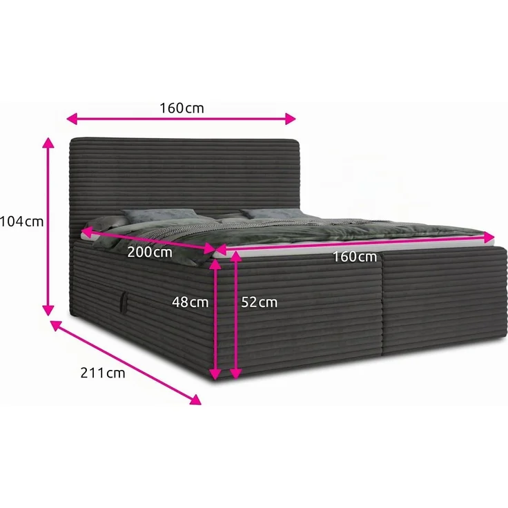 Boxspringbett Mollo mit 2 Bettkästen, Doppelbett mit Bonell-Matratze und Topper, Polsterbett in weichem Cordstoff, Bett, Bettgestell für Schlafzimmer (Grün (Tilia 39), 160 x 200 cm) – Bild 3