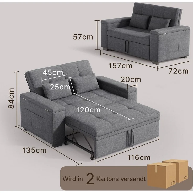 Blishom Schlafsofa 2-Sitzer-Sofabett mit verstellbarer Rückenlehne, Ausziehbares mit Kissen und Seitentasche Armlehne mit Staufach – Bild 2