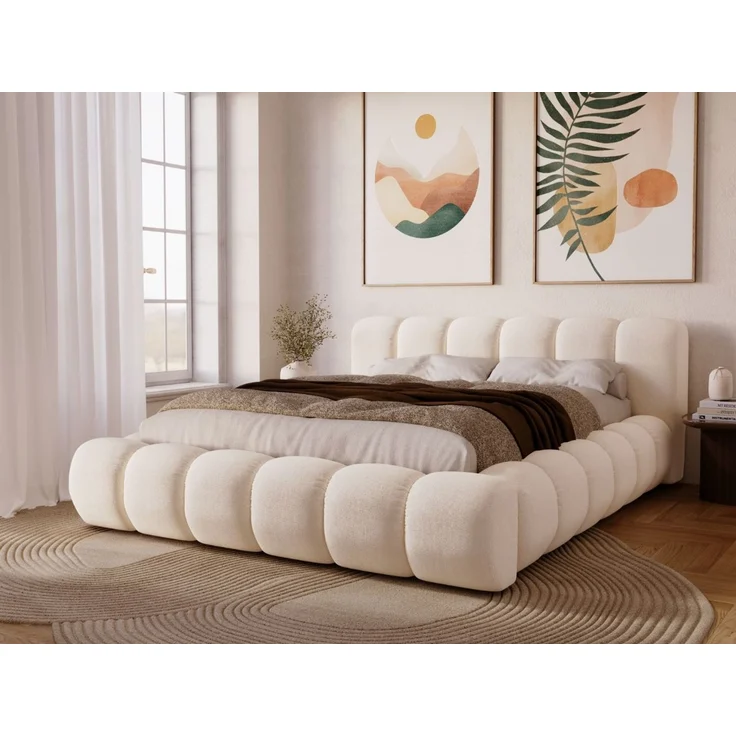 GRAINGOLD Doria Doppelbett 160x200, mit Kopfteil, Lattenrost, Bettkasten, Velour-Stoff, Creme – Bild 1