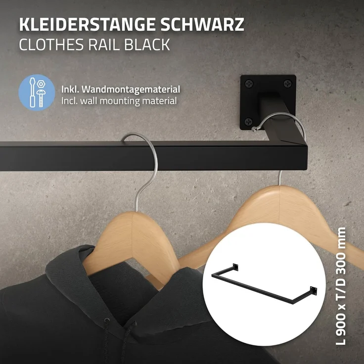 ML-DESIGN Kleiderstange Wandgarderobe Rechteck für die Wand aus Stahl inkl. Montagematerial (1 St), Garderobenstange 90x30 cm Schwarz U-Form Kleiderständer Kleidergestell – Bild 2
