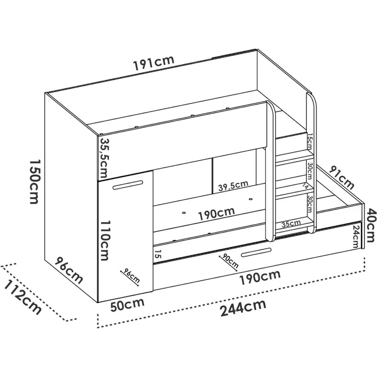 Dmora - Schlafzimmer Eiger, Komplettes Schlafzimmer, Etagenbettkomposition mit Zwei Einzelbetten, 244x112h150 cm, Weiß und Anthrazit – Bild 3