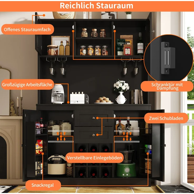 Küchenschrank mit verstellbaren Ablagen & Weinregal, Hochschrank Küchenbuffet mit 4 Türen & 2 Schubladen, Sideboard für Küche & Wohnzimmer, Buffetschrank, Schwarz--Schwarz--120x40x188cm--YOUDENOVA – Bild 5