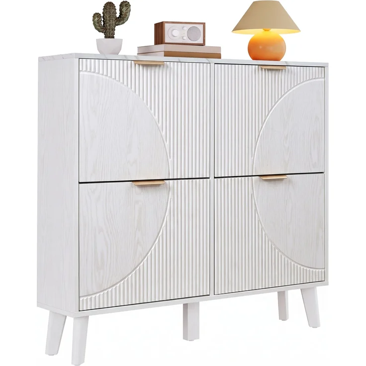 ZUBALIYA Schuhschrank (105 x 24 x 95,5 cm), 4 Klappfächer, Strukturierte Fronten, Stauraum für Flur und Eingangsbereich, Weiß – Bild 13