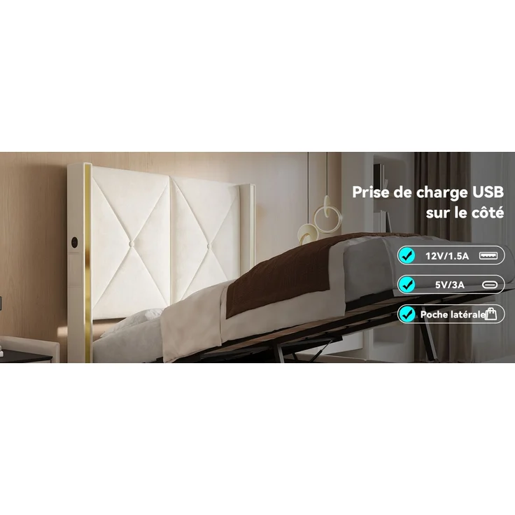 TavilaEcon Boxspringbett Veloursbett mit hohem Kopfteil, Seitentaschen & USB beige Liegefläche 90 × 200 cm – Bild 4