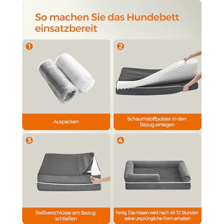Feandrea Orthopädisches Hundebett, Hundekissen, Hundekorb, weiche Polsterung, Hundesofa, erhöhte Ränder, Bezug abnehmbar und waschbar, 91 x 71 x 20 cm, rutschfeste Unterseite, hellgrau PGW076G02 – Bild 10