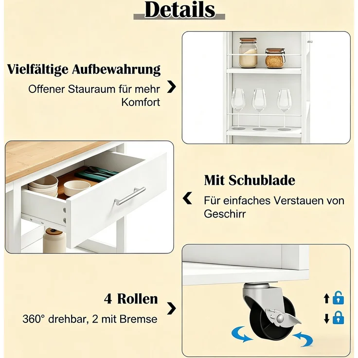 Küchenwagen B 73 x T 38 x H 88 cm aus MDF in Weiß und Holzoptik mit Rollen – Bild 7
