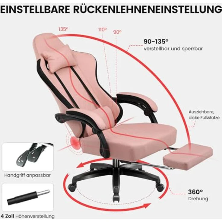 GTPLAYER Gaming-Stuhl Ergonomischer Gaming Sessel Schreibtischstuhl mit Stoffoberfläche (Pacekung), Federsitzkissen mit Fußstütze – Bild 4