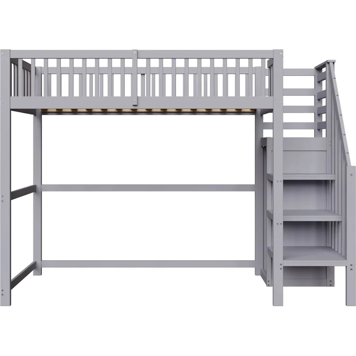 Hochbett 90x200 mit Treppe, Kinderbett aus Holz mit Aufbewahrungsregal, einfacher Kleiderschrank Grau – Bild 10