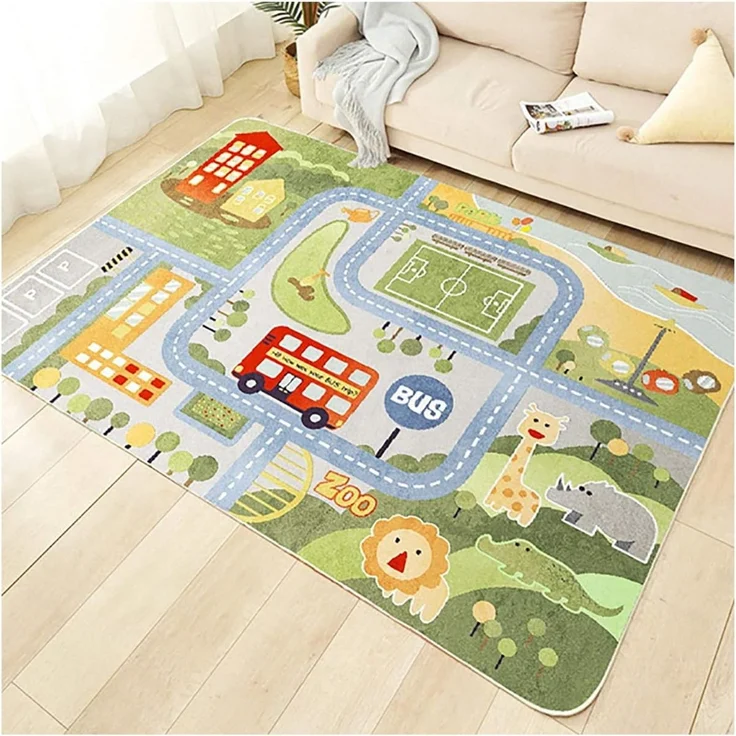TYKTZXY Kinderteppich Spielen Teppich Straße Auto Tier Universum Blau Grün Grau(160×230cm,62×91inch) – Bild 1