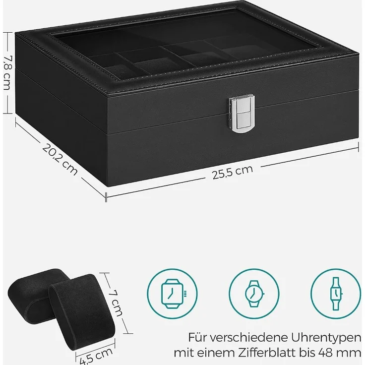 SONGMICS Uhrenbox mit 10 Fächern, Uhrenkasten, Glasdeckel, Uhrenkoffer, herausnehmbare Uhrenkissen, Metallverschluss, Geschenkidee, PU-Bezug in Schwarz, Innenfutter in Schwarz – Bild 6