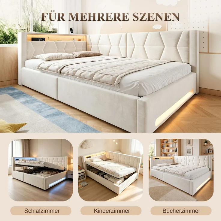 LVHOM Einzelbett 140x200 cm mit Stauraum, Polsterbett mit LED, USB und Type-C, Jugendbett, Hydraulischem Bettgestell, Samt, Beige – Bild 8