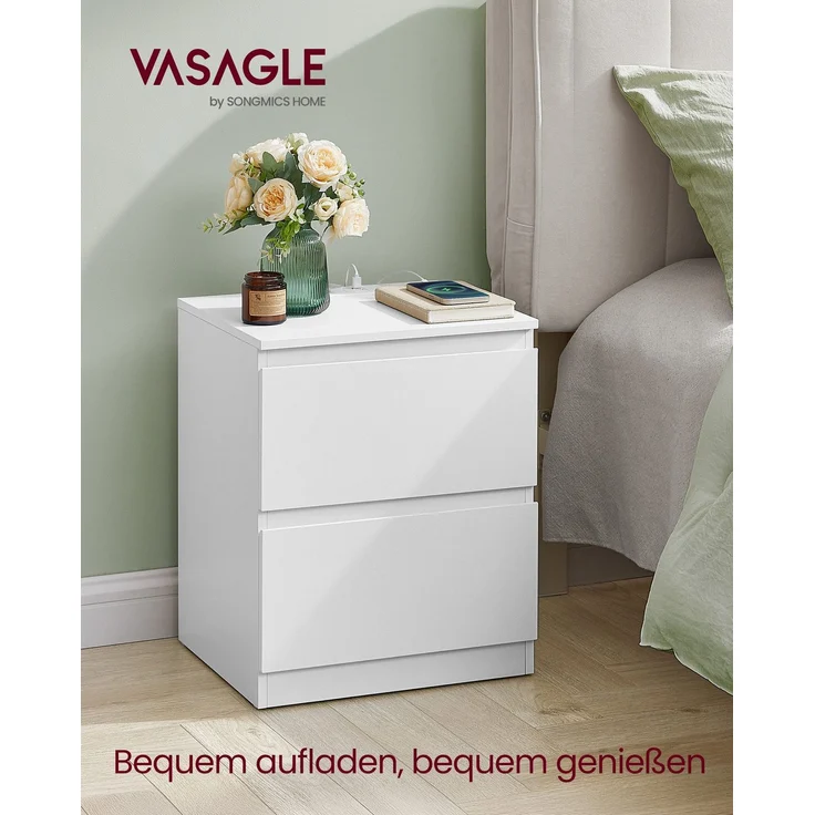 VASAGLE Nachttisch mit Steckdosenleiste und Schubladen, 2er Set, MDF Wolkenweiß, 35 x 40 x 49 cm – Bild 2