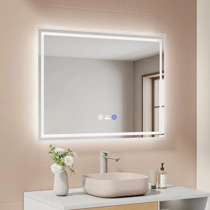 EMKE Badezimmerspiegel mit LED-Licht, 80 x 60 cm, Badezimmerspiegel mit Bewegungssensor, Beschlagschutz, 3 dimmbare Lichtfarben, automatische Abschaltung nach 1 Stunde, IP44, LED-Badspiegel