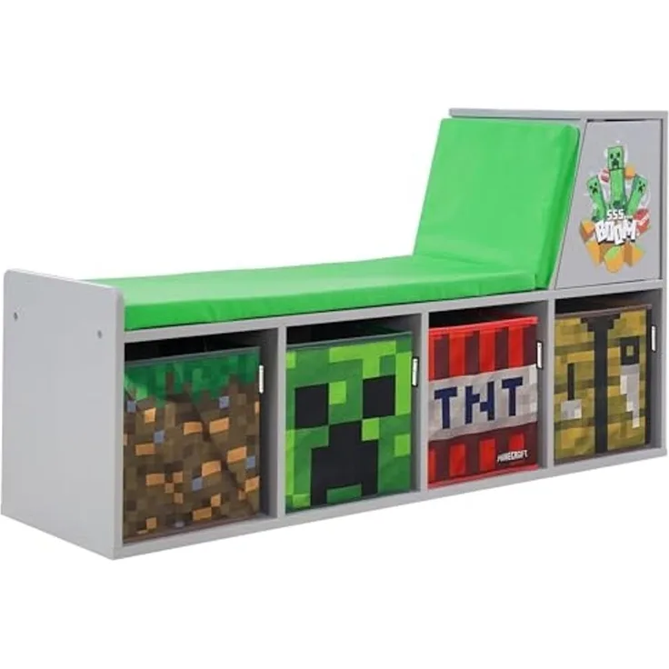 MINECRAFT - Sitzbank, Leseregal, Bank mit Sitzkissen und Stauraum, Kindermöbel mit buntem Design