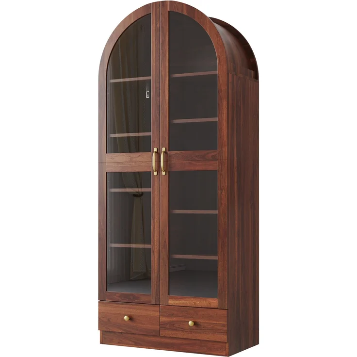 Vitrine aus MDF und Glas mit Bogenprofil und 2 Schubladen, 76x40x180 cm, Nussbaum-Optik – Bild 5