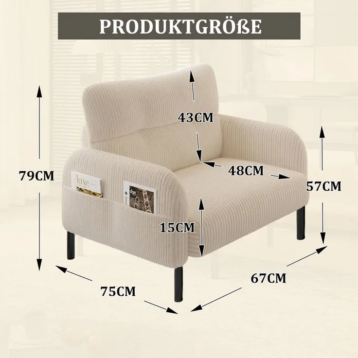 BlingBin Sessel Relaxsessel Polsterstuhl Loungesessel (1-St, Cordstoff, Armlehnen mit Seitentaschen auf beiden Seiten), für Wohnzimmer, Schlafzimmer, Arbeitszimmer, 67 x 75 x 79 cm