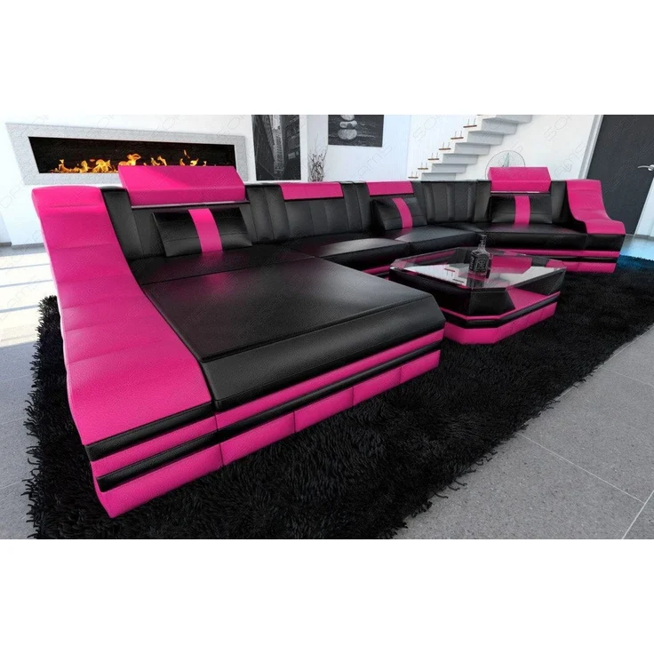 Sofa Dreams - Mini Luxus Wohnlandschaft Turino C-Form mit LED - Ledermix - Schwarz-Pink - Links – Bild 3