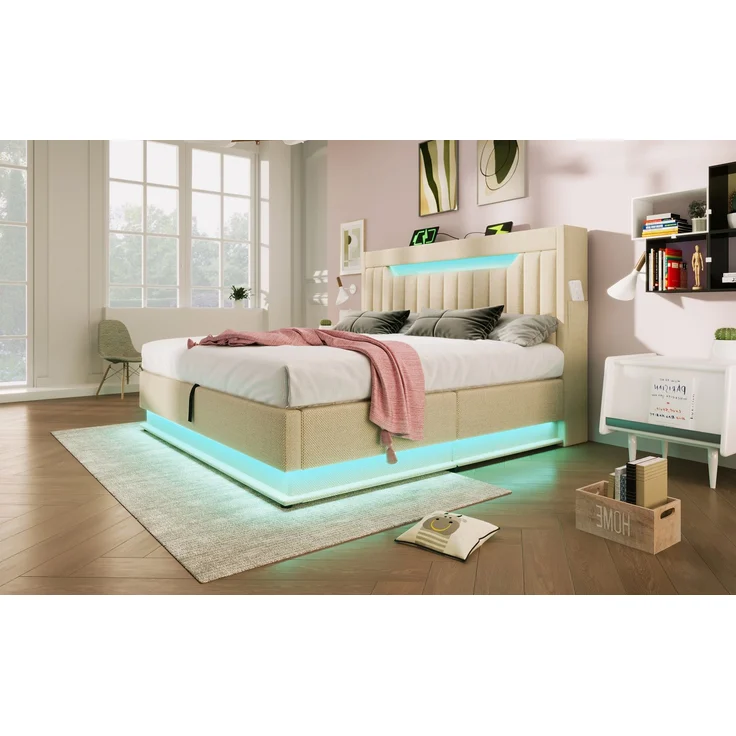 Polsterbett Doppelbett, Leinen, mit Smart-LED, 4-fach Ladestation & Hydraulikstauraum, 180x200 cm, Beige, ohne Matratze – Bild 1