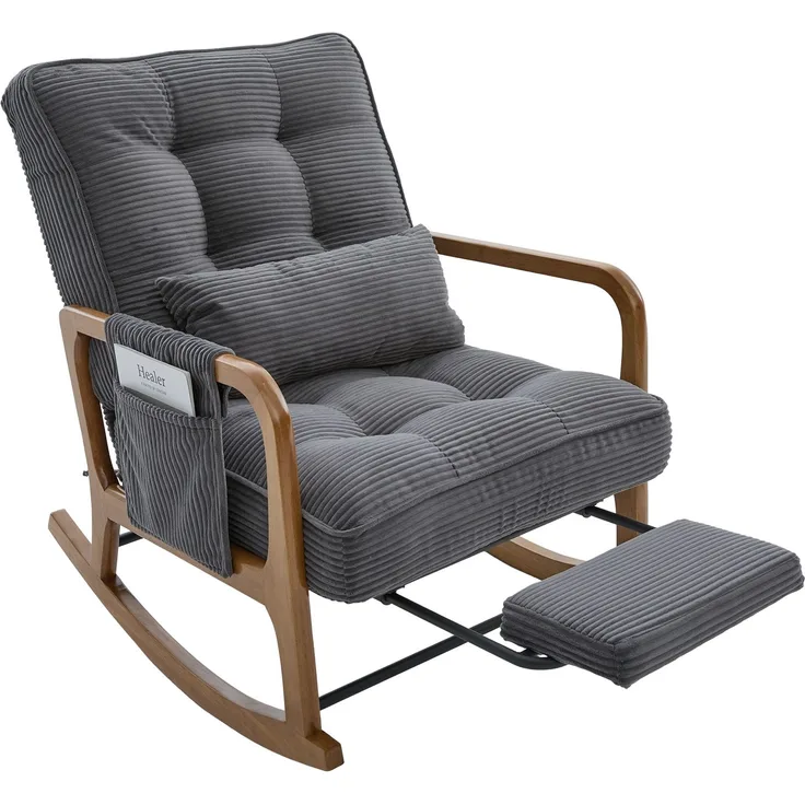 LVHOM Schaukelstuhl mit ausziehbarer Fußstütze, Relaxsessel mit verstellbare Rückenlehne, Loungesessel mit Seitentasche, bis 150 kg belastbar, Grau