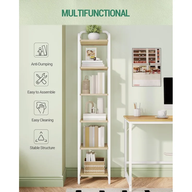 Regal, Bücherregal, Standregal, Schmales Regal mit 6 Ebenen, Schmales Büroregal, Eckregal für Büro, Wohnzimmer, Schlafzimmer, Küche, 30 x 33 x 166 cm, Weißeiche und Weiß – Bild 5