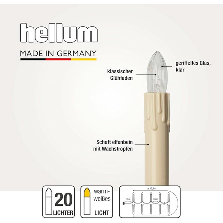 hellum Lichterkette Weihnachtsbaum Made-in-Germany Christbaumbeleuchtung Kerzen Lichterkette innen mit Clip, 20 Lichter, beleuchtet 1330cm, Kabel grün Schaft elfenbeinfarben mit Wachstropfen 812077 – Bild 3