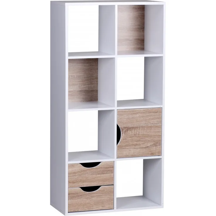 Design Bücherregal Modern Holz Weiß mit Türen und Schubladen, Sonoma Eiche