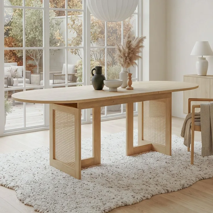 JARDJ Ausziehbarer Esstisch 150/200 * 90 cm, geeignet für 6–8 Personen,Esstisch mit abgerundeten Ecken, verdickte Tischplatte, ausziehbarer Esstisch im einfachen Stil, Tischbeine aus Rattan, Eichenfarbe