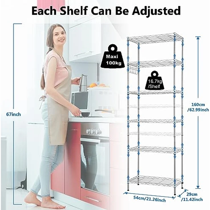 Himimi Lagerregal, Regal mit Rollen und 6 Regalböden Küchenregal Metall mit Seitenhaken aus verchromt, bis zu 500lbs, 54 x 29 x 160 cm, Silber Grau – Bild 4