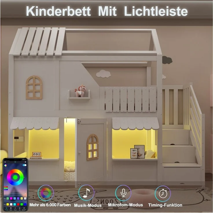Flieks Etagenbett, Kinderbett Haus-Design 90×200cm mit Stauraumtreppe LED-Beleuchtung – Bild 4