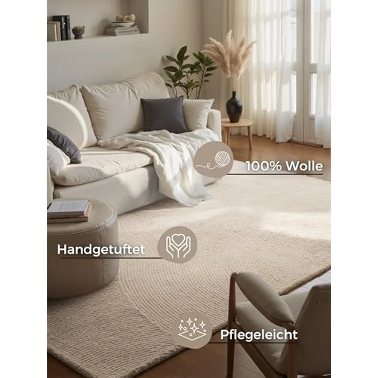 XXXL Wollteppich Eleni, creme, rechteckig, 80x150 cm, handgetuftet, pflegeleicht, für Fußbodenheizung geeignet, strapazierfähig, in verschiedenen Größen erhältlich – Bild 3