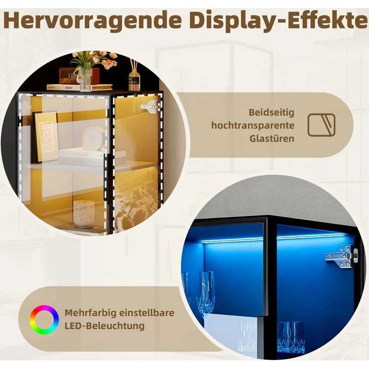 Vitrine 70x38x160 cm in Schwarz mit Hartglas, Ausziehregalen und LED-Beleuchtung – Bild 7